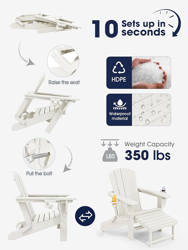 KINGYES Folding Adjustable Adirondack Chair with Ottoman & 2 Cup Holders, HDPE Adirondack Recliner Chair with Footrest, White