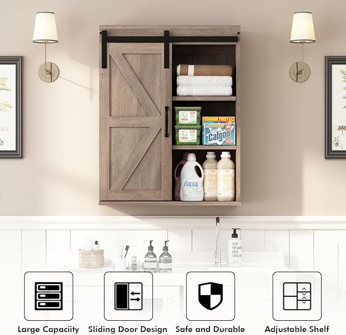 RUSTOWN Farmhouse Wood Wall Storage Bathroom Cabinet with Sliding Barn Door, Rustic Medicine Cabinet with Adjustable Shelf, 3-Tier Vintage Cabinet for Kitchen, Bathroom, Living Room (Washed Oak)