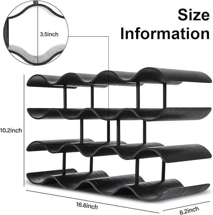 Countertop Wine Rack - 14 Bottle Freestanding Wine Bottle Holder Stand - 4 Tier Wooden Wine Storage Rack - Black Wavy Wine Organizer for Cabinet Pantry Home Kitchen Bar