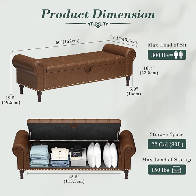 Apicizon 60” Bench with Storage, Upholstered Tufted Button Bedroom Bench with Storage, Faux Leather Ottoman Bench for Bedroom, Living Room, Entryway, Yellow Brown