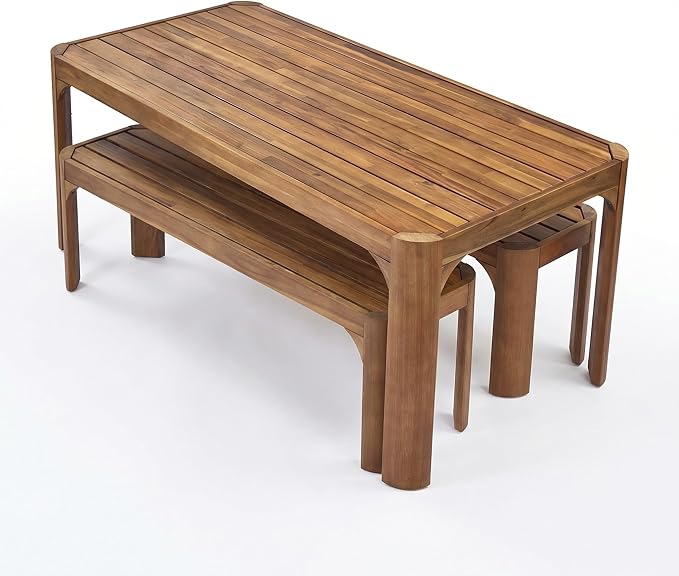 Christopher Knight Home Outdoor Dining Table Set with 2 Benches, 70" Acacia Wood Patio Table and Dual 57" Benches, Teak Finish Slatted Garden Furniture for Backyard Deck Seating 6-8 People