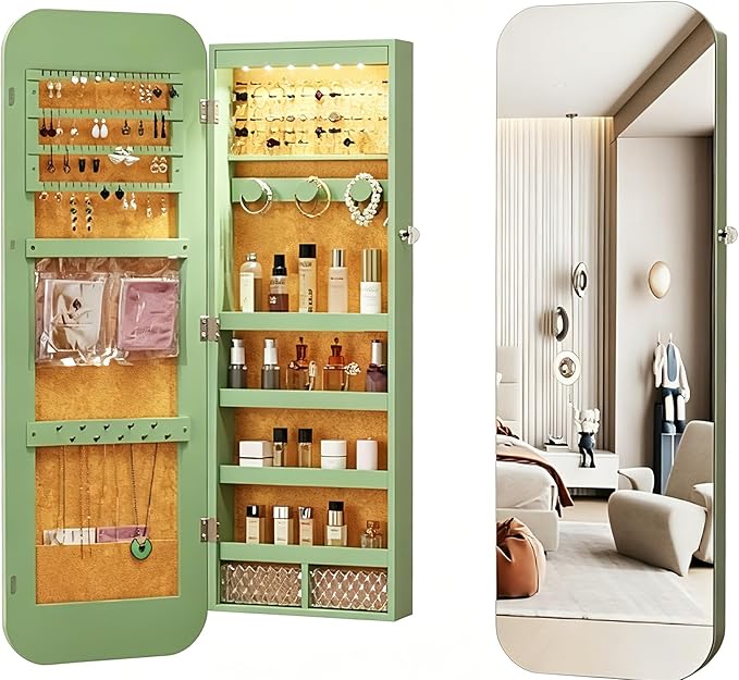 LVSOMT LED Mirror Jewelry Cabinet Wall Mounted, Over the Door Jewelry Organizer, Lockable Full Length Mirror with Storage, Hanging Jewelry Armoire for Earrings Necklaces Rings, Gift for Women, Green