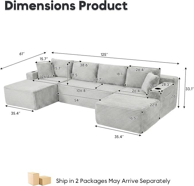 125 Inch Modular Sectional Sofa, Cloud Couch Oversized U Shaped Corduroy Sofa with Storage & Cupholders, Modern Deep Seat Boneless Couches for Living Room, No Assembly Required, Light Grey