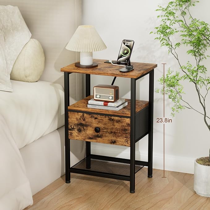 LOAKEKEL Night Stand, Nightstand with Charging Station, Slim Industrial Bedside Table with Fabric Drawer, Small End Table with USB & Type-C Ports for Bedroom, Brown, HETS010BR-1