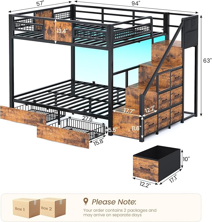 BTHFST Bunk Bed Full Over Full with Stairs, LED Lights Full Bunk Beds with 2 Storage Drawers & 6 Fabric Drawers, Metal Full Loft Beds with Safety Guardrail & Stairs, Space Saving, Rustic Brown