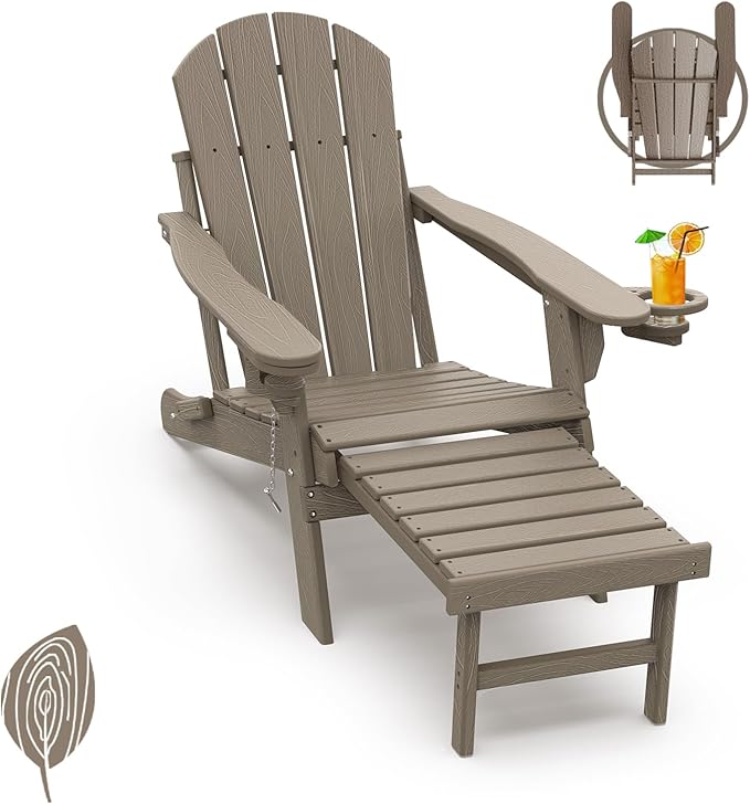 GREENVINES Adirondack-Chairs-with-Ottoman | Wood Grain | Folding | Retractable-Footrest | HDPE Plastic | All Weather Fire Pit Chair | Cup Holders | for Outdoor Poolside