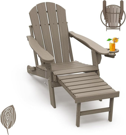 GREENVINES Adirondack-Chairs-with-Ottoman | Wood Grain | Folding | Retractable-Footrest | HDPE Plastic | All Weather Fire Pit Chair | Cup Holders | for Outdoor Poolside