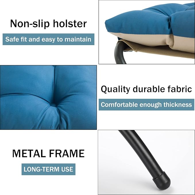 15" Folding Foot Stool for Patio, Small Accent Outdoor Ottoman, Metal Frame Foldable Foot Rest, Upholstered Morden Folding Footstool for Home Living Room Bedroom Washable Sapphire