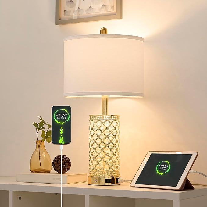 SAIWEYA Crystal Table Lamps Modern 3-Way Dimmable Bedside Lamp with 2 USB Ports & AC Outlets for Living Room Bedroom Nightstand Lamp Night Light (Gold- 1 Pack 24In)
