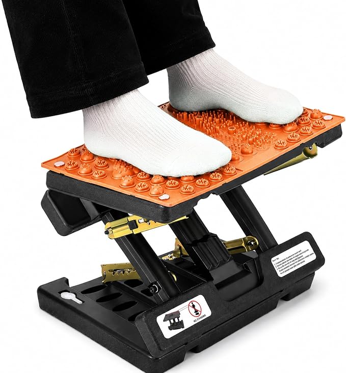 Footrest for Under Desk at Work, Height Adjustable Foot Rest with Reflexology Pad, Foldable Ergonomic Foot Stool for Muscle Tension Relief, Suitable for Office, Home & All-Season Use(Orange)