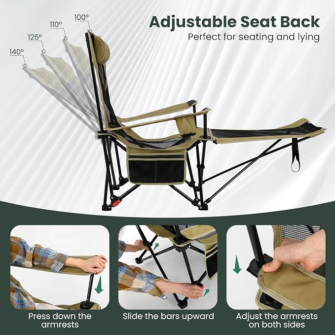 Tangkula Reclining Camping Chair, 2 in 1 Porable Folding Lawn Chair with Removable Footrest, 4-Position Adjustable Backrest, Cup Holder & Side Pocket, Carry Bag (2, Green)