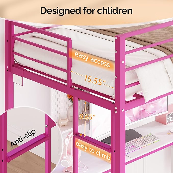 VINGLI Full Metal Loft Bed Frame with L-Shaped Desk, 15 Inches Guardrail, Non-Slip Ladder, 2 Charging Stations, 4 Drawers/Storage Shelves/LED Lights, for Kids Teens Adults, No Box Spring Needed, Pink