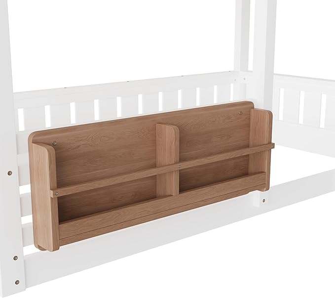 Twin Size House Bunk Bed Frame with Storage Bookshelf, Window, Wooden Floor Bunk Bed with Fences, Space Saving for Kids Adults, No Noise, Beige