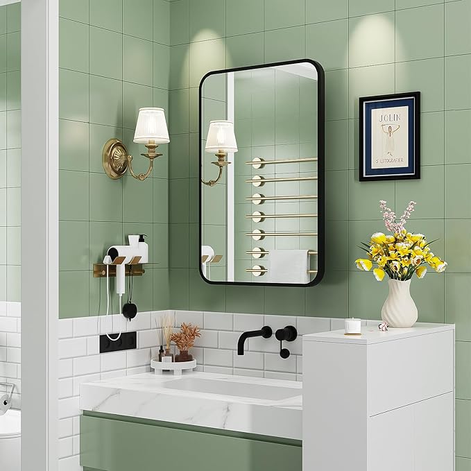 ACEMIRO 16x24 Inch Black Mirror Medicine Cabinet Metal Framed Recessed Wall Mounted Bathroom Medicine Cabinet with Mirror and Storage