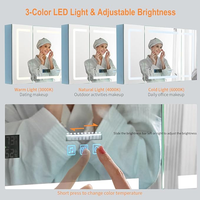 VINGLI LED Lighted Medicine Cabinet with Intelligent Mirror, Bluetooth Speaker, Weather & Temp Display, Anti-Fog, Built-in Outlet & USB, Large 3-Door Bathroom Mirror Cabinet,48 Inch, Need Assembly | LED Lighted