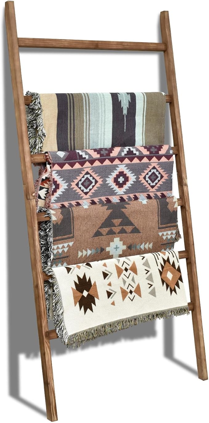 FUIN Extra Wide 6.4ft Wooden Blanket Ladder Living Room Decorative Wal Leaning Farmhouse Quilt Display Holder Rustic Wood Towel Rack for Bathroom, Brown, 38 inch Wide