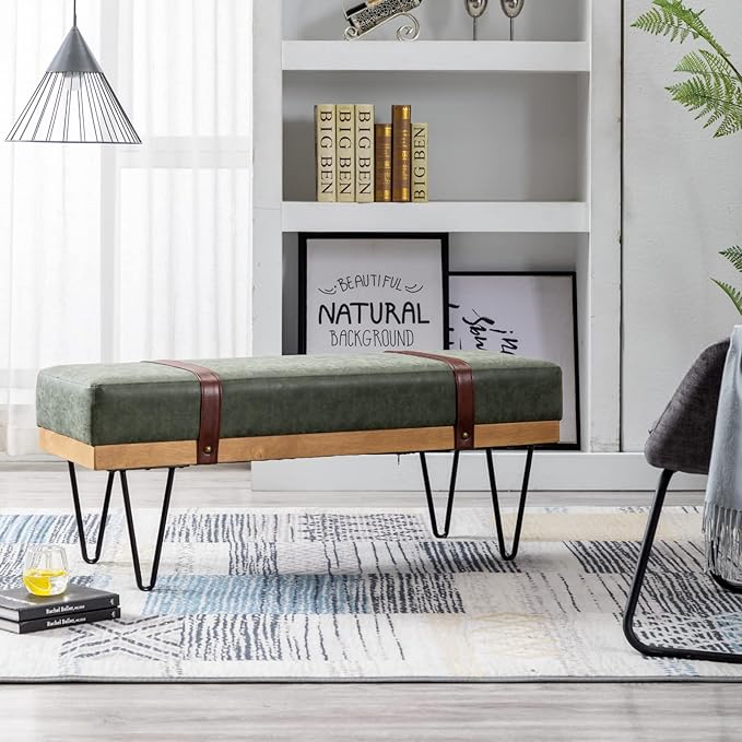 HEAH-YO Industrial Entryway Bench Set of 1, 44 Inches End of Bench with Padded Seat Cushion, Uphlstered PU Leather Dining Bench for Kitchen Living Room, Green