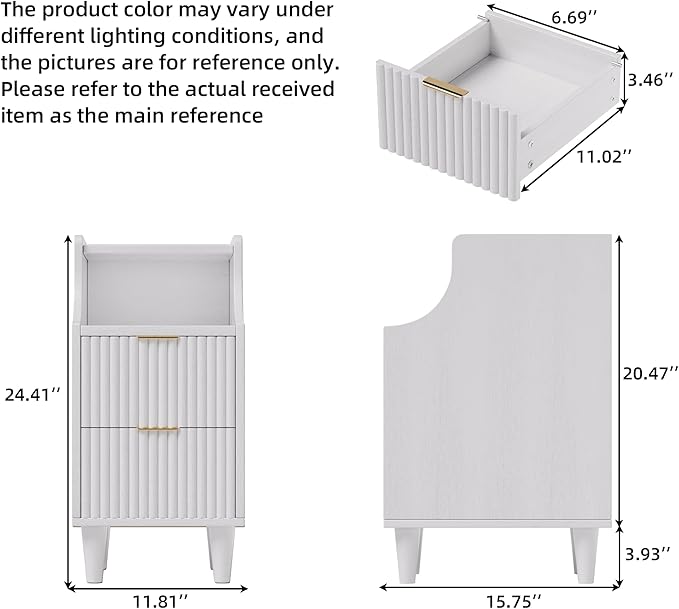 Narrow Nightstand Set of 2,11.8" Fluted Bedside Table Set of 2, Slim Side End Table with 2 Drawers, Wooden Bedside Table, White Wood Night Stand for Bedroom Livingroom Sofa Office