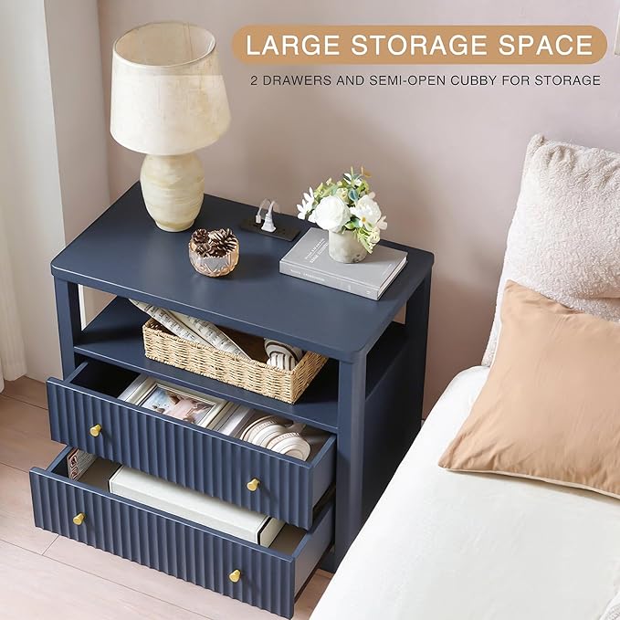 Fluted Nightstand with Charging Station, 27.3" Tall Modern Bedside Table with 2 Drawers & Open Shelf, Large Wide Wood End Table with Storage & Metal Handle for Bedroom, Blue