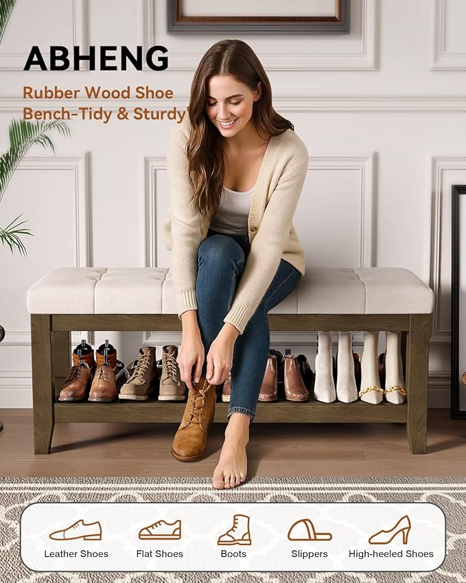 ABHENG Solid Rubber Wood Shoe Bench, Soft Chenille Material Upholstered Seat, 770LB Load Capacity, Multi-Storage for Entryway/Bedroom/Living Room, Vintage Style, 43.3"x15.7"x17.7", White,UASND65W
