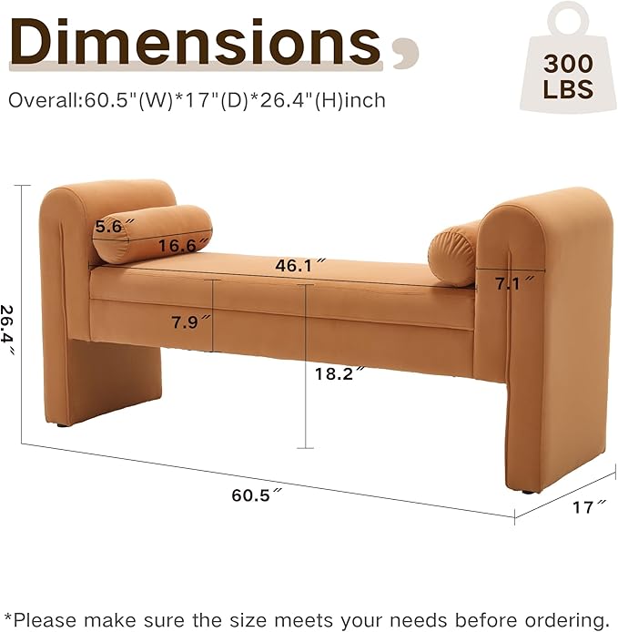 Modern Bench for Bedroom End of Bed, 60.5" Velvet Upholstered Rolled Armed Stool Bench, Sofa Ottoman Long Bench with 2 Pillows for Entryway/Hall/Bedroom/Living Room(Orange-60.5 Inch)