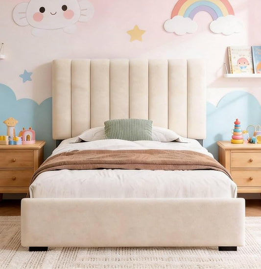 Welzona Twin Size Bed Frame with Headboard, Kids Velvet Upholstered Metal Platform Bed with Vertical Channel Tufted Headboard, 3-Level Height, Metal Slat Support, Noise-Free Easy Assembly, White