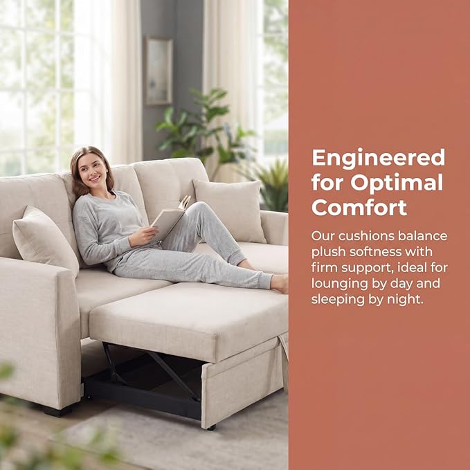 Convertible Sofa Bed, L Shape Sleeper Sofa with Reversible Storage Chaise, Tufted Fabric Sectional Sleeper Sofa with Pull Out Bed for Small Space, Living Room, Apartment, Almond