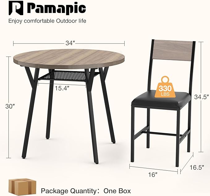 Pamapic Round Dining Table Set for 4, Kitchen Table and Chairs for 4, Dining Room Circle Dinner Pedestal Table, Solid Metal Frame, Space Saving Wood Small Kitchen & Dining Room Furniture, Gray