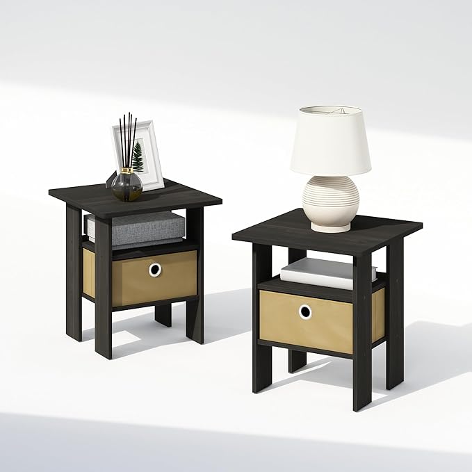 Furinno TIDUR Night Stand Set of 2, Open Shelf Design Nightstand with Storage Bin, Bedside Table, End Table, Side Table, for Bedroom, Closet, Dorm, Espresso