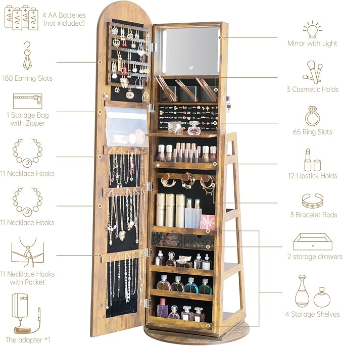 Arched Mirror Jewelry Armoire,3 Color LED Swivel Jewelry Storage Cabinet Interior LED Lights,Full Length Mirror Floor Standing Jewelry Organizer with Storage Shelves (Rustic Brown)