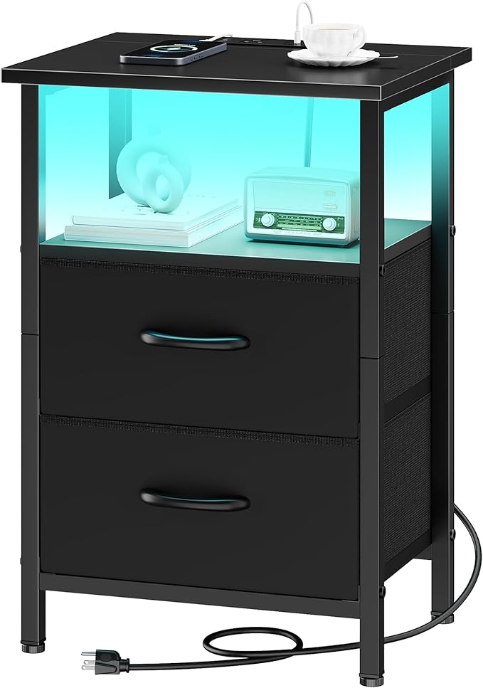 Vagusicc NightStand with Charger Station, LED Night Stand with 2 Fabric Drawers & Storage Shelf, Small Nightstands Bedside Table with USB Ports & Outlets, 24.2" Tall Bed Side Tables for Bedroom, Black