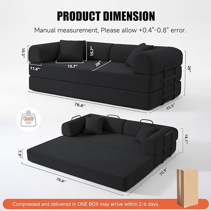 79" Compressed Sofa, Convertible Sofa Bed, Corduroy Compression Boneless Couch with Pillow, Comfy Modular Foldable Floor Sleeper Sofa for Bedroom, Living Room, Lounge, Studio (Black)