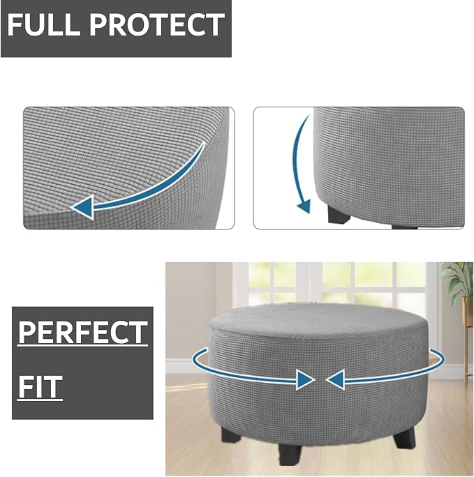 Stretch Ottoman Slipcover – Round Furniture Protector Fits 20"-23" Dia, for Footrests, Storage Ottomans & Folding Stools – Elastic Fabric Cover (Light Grey, Medium)
