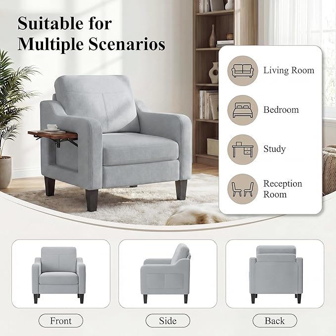 Accent Chair for Living Room, Mid-Century Upholstered Armchair with Foldable Table & 2 Side Pockets, Modern Linen Wooden Sofa Chair for Bedroom & Reading Room, Light Grey
