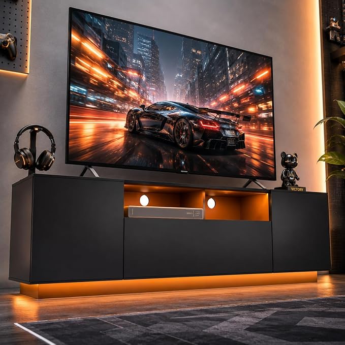 WLIVE LED TV Stand for 55/60/65 Inch TVs, Modern Entertainment Center with Storage Cabinets and Drawer, Gaming Media TV Console with RGB Lights for Living Room, Black