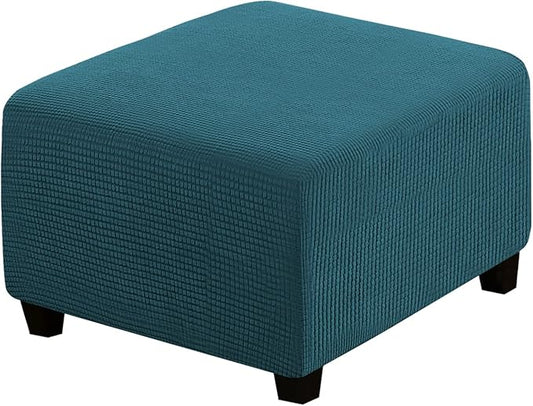 H.VERSAILTEX Square Ottoman Covers Ottoman Slipcovers Folding Storage Stool Furniture Protector Form Fit with Elastic Bottom, Stretch High Spandex Small Checks Jacquard Fabric(Medium,Deep Teal)