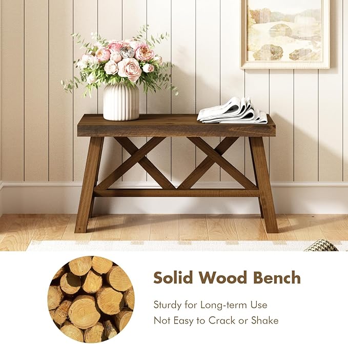Wnutrees 30" Farmhouse Wood Bench, Rustic Solid Wood Entryway Bench Seat with Double X-Structure for Dining Area Living Room Hallway, Structural Stability, Natural