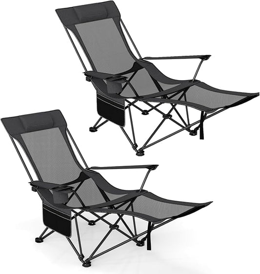 GYMAX Reclining Camping Chairs with Footrest, Lightweight Foldable Camping Chairs with Cup Holders, Adjustable Backrest, Headrest, Heavy Duty Camp Chair for Adult Outdoor Fishing Beach (Grey,2)