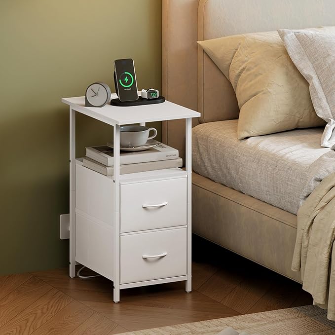 Somdot End Table Set of 2 with Charging Station, Narrow Side Table with 2 Fabric Drawers, Skinny Nightstand with Storage, Small Slim Bedside Table for Living Room, Sofa, Bedroom, Couch, White