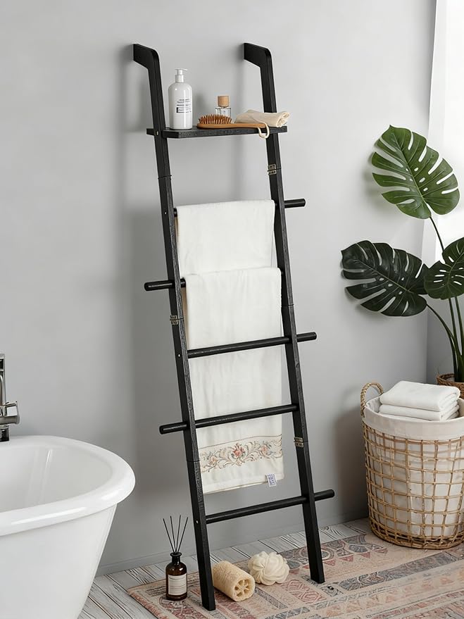 Black Blanket Ladder with Top Shelf for the Living Room - 67in Decorative Wooden Blanket Holder, 5 Tier with Side Hooks for Hanging - Rustic Farmhouse Towel Ladder Throw Rack for Organizer and Display