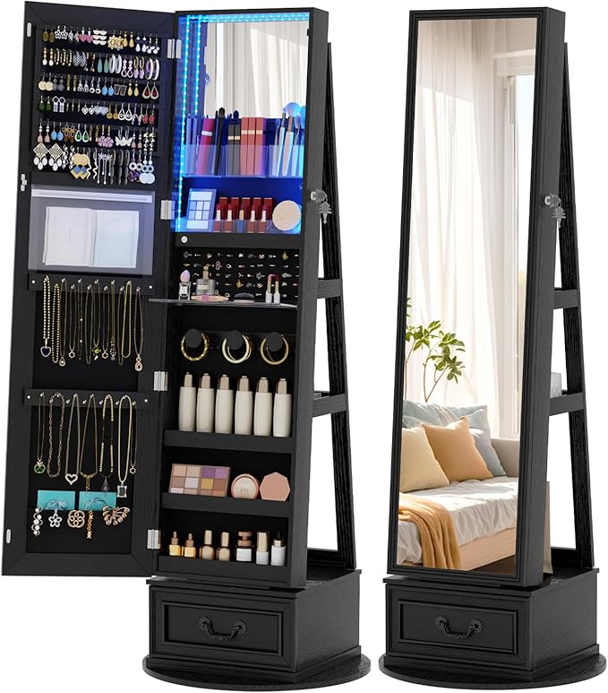 Vlsrka Mirror Jewelry Cabinet Standing, 360° Swivel Jewelry Armoire with Full Length Mirror, Lockable Mirror with Jewelry Storage, 3-Color LED Lights, Foldable Makeup Shelf, Black