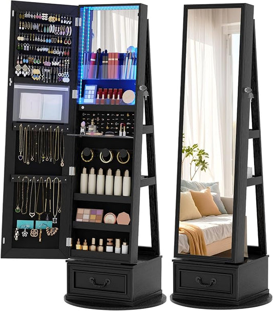 Vlsrka Mirror Jewelry Cabinet Standing, 360° Swivel Jewelry Armoire with Full Length Mirror, Lockable Mirror with Jewelry Storage, 3-Color LED Lights, Foldable Makeup Shelf, Black