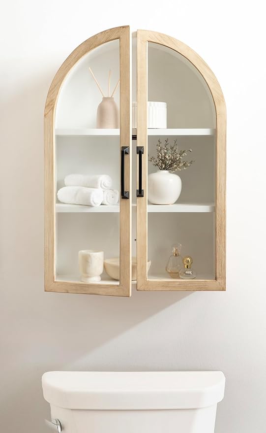 Kate and Laurel Arcott Modern Arch Wall Cabinet, 21 x 8 x 30, Natural Wood and White, Transitional Arched Cabinet for Use as Over-the-Toilet Storage or Living Room Storage Cabinet