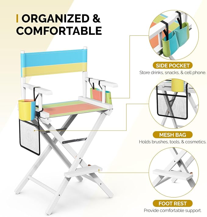 OmySalon 26" H Tall Directors Chair, Wooden Portable Folding Makeup Chair w/Storage Pouch & Footrest, Professional for Salon/Events/Mobile Services, 250lb Capacity, Colorful Canvas & White Frame
