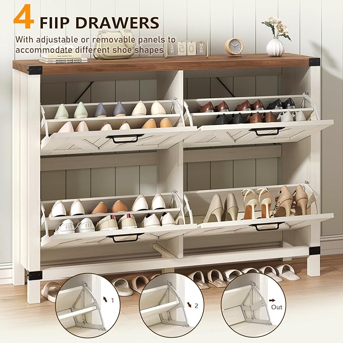 YOMILUVE Shoe Storage Cabinet with 4 Flip Drawers, Farmhouse Shoe Cabinet for Entryway, Slim Shoe Rack Freestanding Shoe Organizer with Barn Door, Brown and White