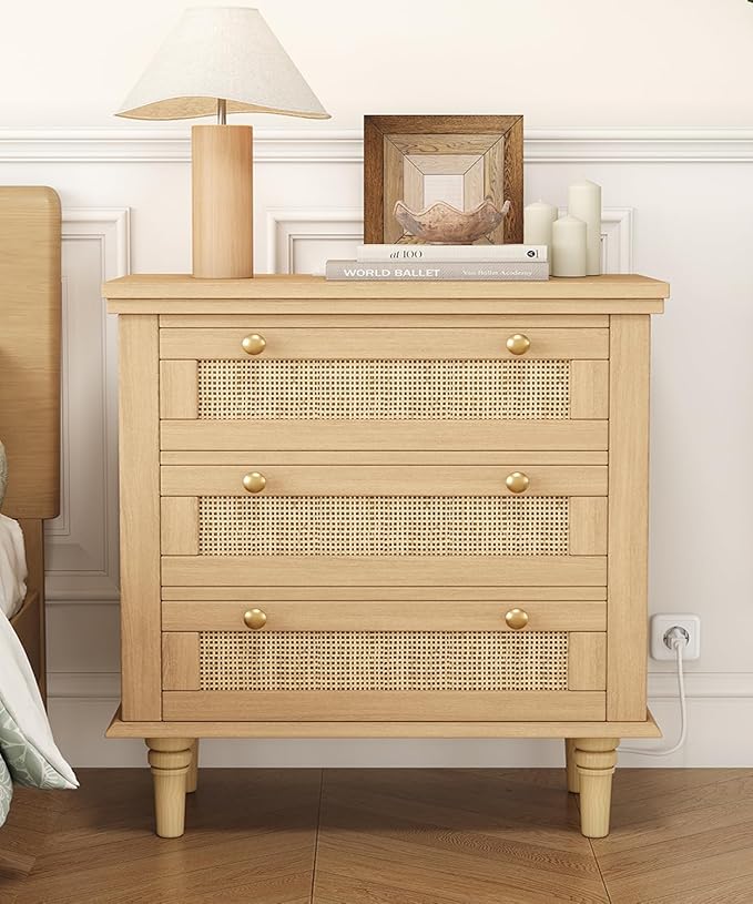 Keehusux Night Stand with 3 Large Storage Drawers, 26.8" H Rattan Nightstand with Charging Station, Boho Bedside Table with Round Handles, Wooden End Table for Bedroom, Natural Oak KES008MECTG