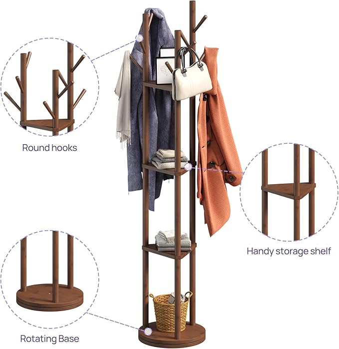 Rotating Coat Rack, Freestanding Coat Rack with 3 Shelves and 9 Hooks Clothes Organizer Coat tree for Bedroom, Entryway, Livingroom (Brown)