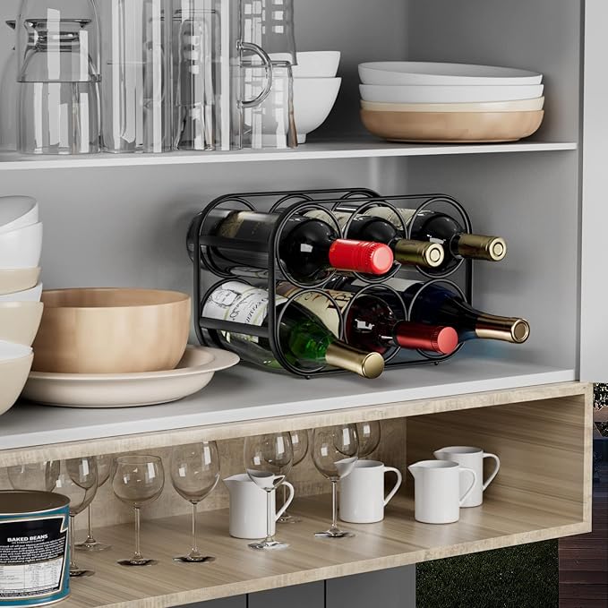 Buruis 6-Bottle Wine Rack, Modern Metal Countertop Wine Holder Stand for Kitchen, Pantry & Cabinet Storage, No Assembly Required, Black
