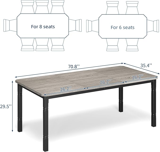 Garvee Large Dining Table for 6-8 People, 71" Wooden Kitchen Table with Sturdy Metal Frame, Dining Room Table for Dining Room, Kitchen, Black Leg & Grey