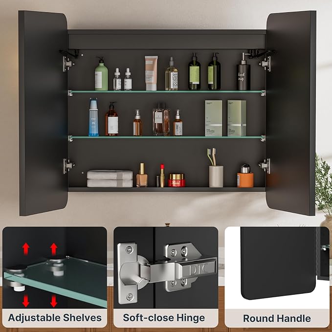 36x30 Inch Medicine Cabinet with Mirror, Recessed or Surface Mount Bathroom Medicine Cabinet with LED Lights, Anti-Fog, Memory Function, Adjustable Shelf, Dimmable Light, ETL Listed, Black